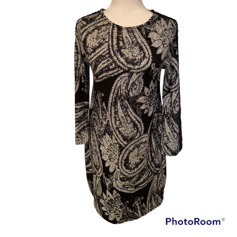 PAPILLON DRESS MINI TUNIC SHEATH BLACK GRAY FLORAL CUTOUT SLEEVES SIZE S
